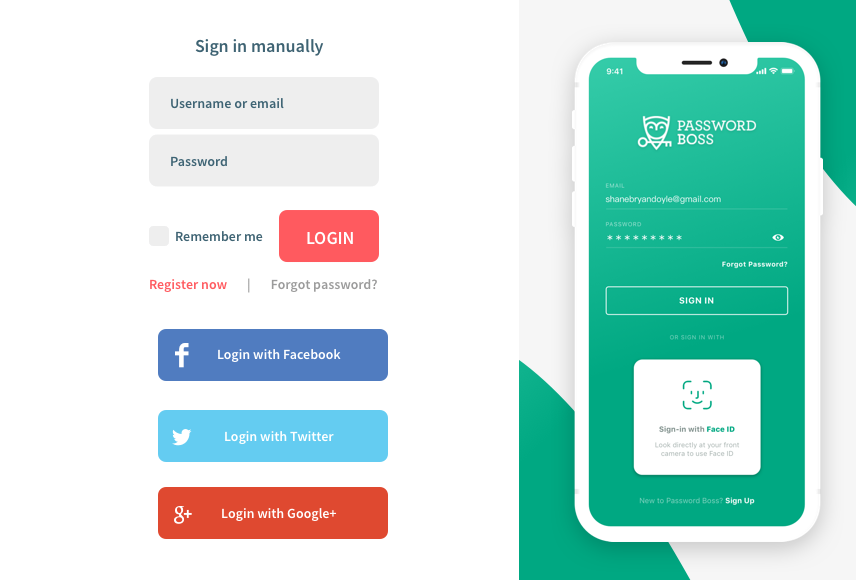 Signup / Login / with Social Media / Face Id